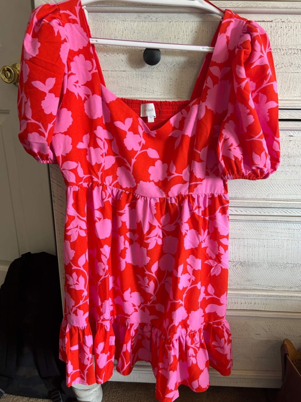 Sugarlips Hot Pink & Red Floral Puff-Sleeve Mini Dress